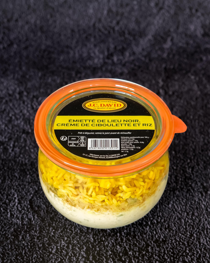 Emietté de Lieu Noir crème de ciboulette et riz 