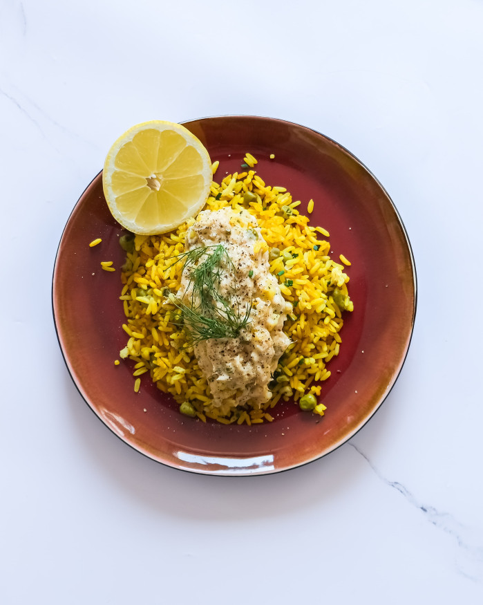 Emietté de Lieu Noir crème de ciboulette et riz 